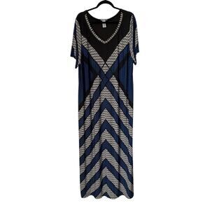 Catherines Dress Size 2X Blue Black Geometric Embellished Beaded Neckline Maxi